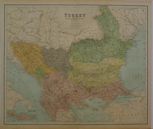 1902 ANTIQUE 25 inch MAP TURKEY IN EUROPE ROUMANIA SERVIA MONTENEGRO BULGARIA  - Picture 1 of 6