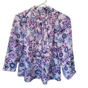 Laura Scott Petite SM Bluse lila Blumenmuster Plissee Knopfleiste 3/4 Arm - Bild 1 von 11
