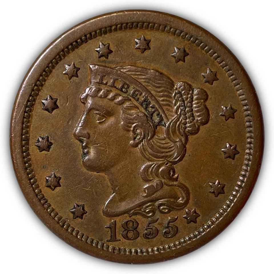Moneda de centavo grande 1855 N-9 Know on Ear Ear Ear Ear Ear Ear Ear cabello trenzado AU #6863 Foto 1 de 3