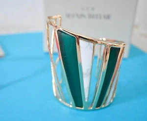 New $425 ALEXIS BITTAR Luna Colorblock Lucite White Howlite Cuff Bracelet GREEN - Picture 1 of 6