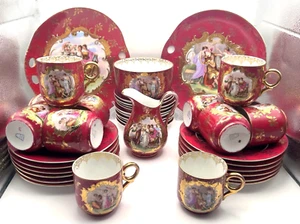 Antique Vienna Style Bohemia Porcelain Tea Set for 12, Ruby Red with 24k Gilding - Picture 1 of 22
