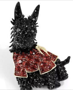 CHARTER CLUB PIN BROOCH CRYSTAL BLACK DOG PUPPY  Scottish Terrier RED COAT New