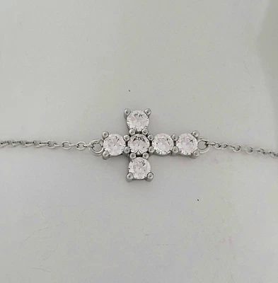 Твердое серебро 925 пробы блестящий крест цепочка браслет регулируемый 7 «-8» - Изображение 1 из 4