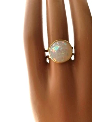 Opal Ring 14mm White Fire Faceted Resin Opal Ring; 18K GP Stainless-Steel Band - Image 1 of 4