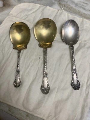 GORHAM POPPY Serving SPOON Set  1902 STERLING SILVER  Large Med BERRY 3 Goldwash - Image 1 of 4