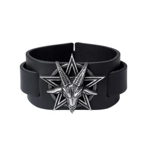 Pulsera Alquimia Gótica Baphomet Cuero Negro Brazalete Oculto Metal Punk - Imagen 1 de 6
