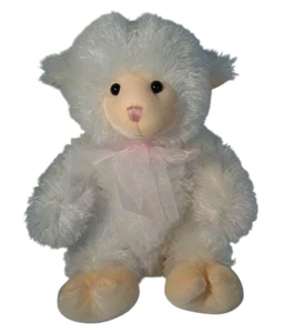 Peluche agnello shaggy bianco Goffa 11' rosa trasparente fiocco seduto - Foto 1 di 6