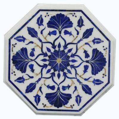 18" White Marble Table Top Coffee Side Inlay Lapis Mosaic pietra dura Decor ksf - Image 1 of 4