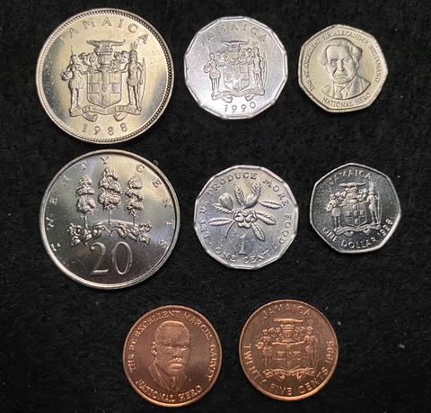Jamaica 4 Coins Set 1, 20, 25 Cents & 1 Dollar UNC World Coins Cover