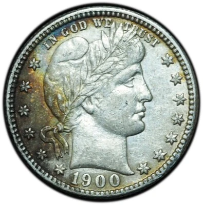 1900-S Barber Quarter AU Condition - Pretty Rainbow Toning & Luster - Image 1 of 3