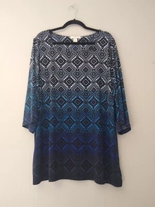 CJ Banks 2X Black & Blue Geometric Print 3/4 Sleeve Square Neck Tunic Side Slit - Picture 1 of 13