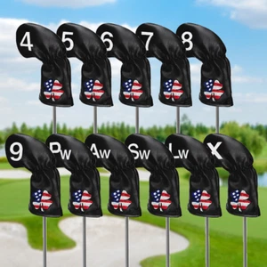 NEW 11pc Set Black Golf Iron Head Covers with USA Red-White-Blue Clover Leaf - Picture 1 of 5