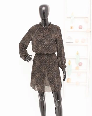 RALPH LAUREN Frill Dress Black Beige Printed Sheer Crepe Keyhole Ruffle US4 UK8 - Image 1 of 4