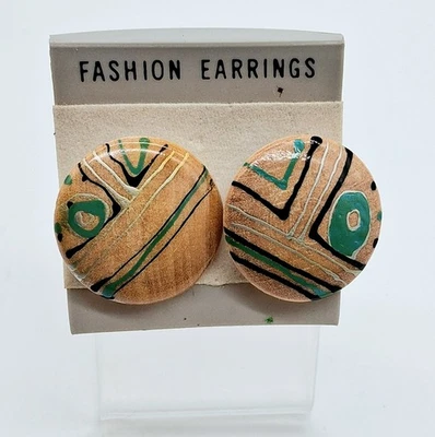 Vintage Made in Taiwan Round Wood Painted Pierced Earrings - Image 1 of 4