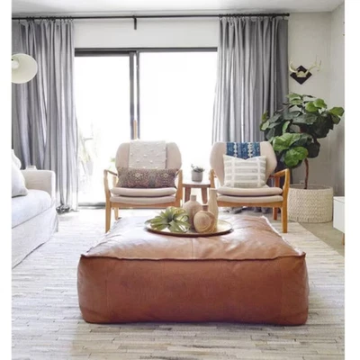 Ottoman Footstool Pouffe Boho Unstuffed Brown New 30'' Moroccan Genuine Leather - Image 1 of 4