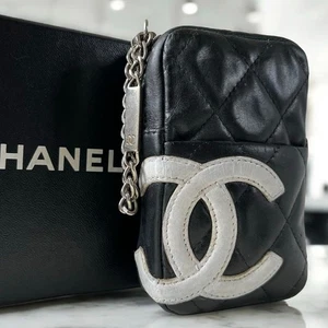 CHANEL Cambon Line Coco Mark Leather Cigarette Case Pouch Black White Used - Picture 1 of 10