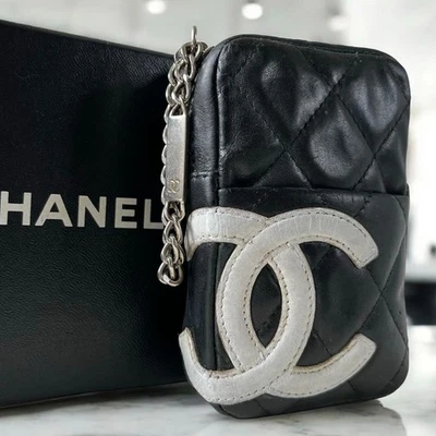 CHANEL Cambon Line Coco Mark Leather Cigarette Case Pouch Black White Used - Image 1 of 4