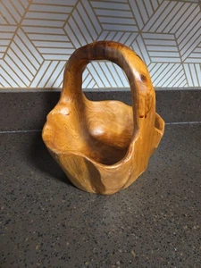 Hand Carved  Wood Burl Bowl Basket with Handle  - Picture 1 of 7