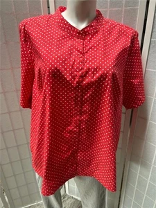 NWT Women's White Stag 26W-28W Red White Polka Dot Cotton Blend Button Blouse - Picture 1 of 8