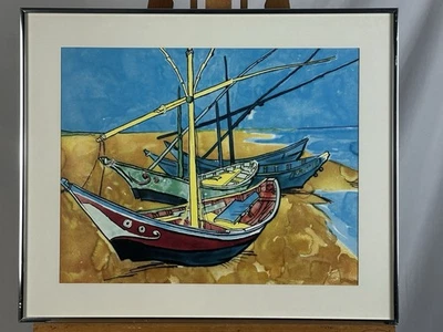 Impresión artística colorida enmarcada de barcos de pesca Vincent Van Gogh en la playa Foto 1 de 4