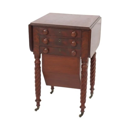 Antiguo soporte de costura Sheraton caoba 3 cajones hoja caída c1830 Foto 1 de 4