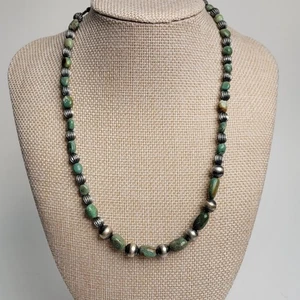 Artisan-Made Green Turquoise/925 Sterling Silver Navajo Pearl 15"-17" Necklace - Picture 1 of 11