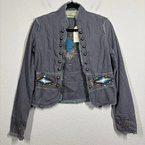 Miss Me Damen kleine bestickte Militärjacke mit Nieten grau Baumwolle Spitzenbesatz - Bild 1 von 10