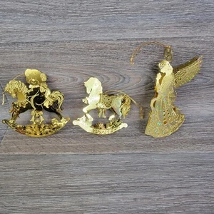 Gold Tone Christmas Metal Ornaments Carousel Angel Rocking Horse Teddy Bear Larg - Picture 1 of 20