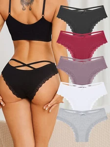 Women Sexy Lace Edge Underwear Strap Cotton Panties Mid Waist Underpants Briefs - Picture 1 of 30