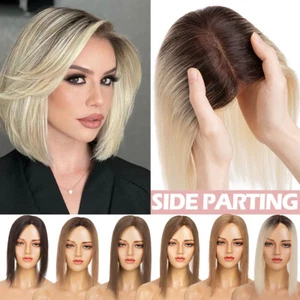 100% Real Human Hair Topper Side Part Lace Base Clip in Topper Top Hairpiece Wig - Picture 1 of 17