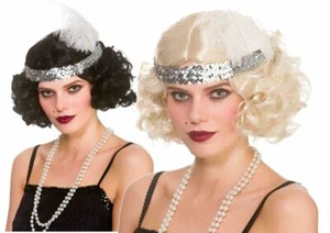 Damas años 20 PELUCA RIZADA FLAPPER cabello + diadema de lentejuelas plateadas + pluma blanca - Imagen 1 de 3