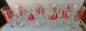 4 Vtg Shot Glasses Red Sailboats - Picture 1 of 3