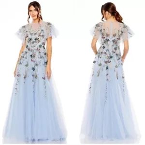 New | Mac Duggal Beaded Embellished Flutter Sleeve GownPeriwinkle 18 | 20436 - Picture 1 of 9