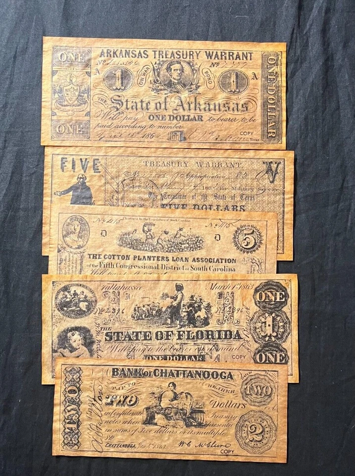 5 *Reproduction* Confederate American Banknotes Civil War Play Money & Frame - Image 1 of 4