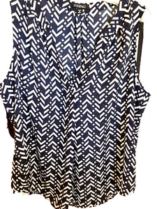 Roz & Ali Sleeveless V-Neck Top Navy White Geometric Woman 1X Gathers Polyester - Picture 1 of 5