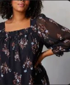 Lauren Conrad Black 3/4 Sheer Sleeve Floral Blouse L Square Neck Boho Peasant - Picture 1 of 8