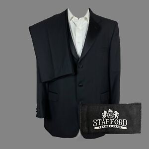 Stafford 2 Piece Tuxedo Suit Mens 46R 38x29 Solid Black 3 Button Wool Pleated