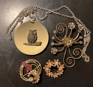 Vtg MCM 1950s Costume Jewelry OWL Pendant Pin Brooch Newburyport Pewter 12 kt GF - Picture 1 of 17