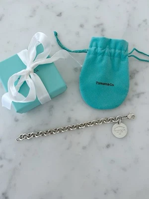 Tiffany & Co. Pulsera de eslabones de cadena con etiqueta redonda 925 Please Return To Sterling Foto 1 de 4