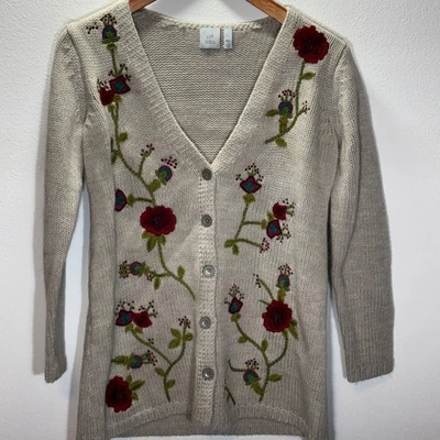 Cárdigan Suéter J.Jill Petite XS Bordado Floral Mezcla Lana Beige Foto 1 de 4
