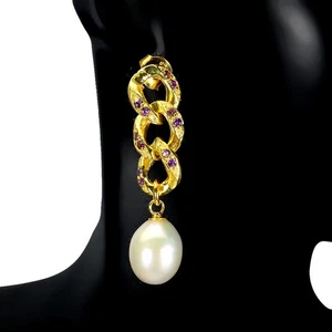 Orecchini in argento sterling 925 rotondi viola ametista perle gemme gioielli - Foto 1 di 9