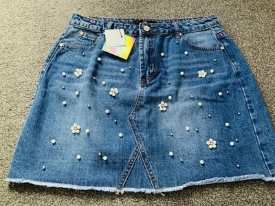 Denim Mini Frayed Hem Mini Skirt With Pearl Flower And Stud Detail Sz 14 BNWT - Image 1 of 4