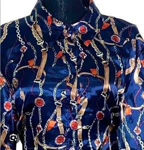 Blusa Top Elementz Mujer Talla Lg Azul Marino Ecuestre Cadena Patrón Abotonada L/S - Imagen 1 de 2