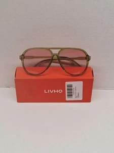 Livho Retro Damen Sonnenbrille Farbverlauf rosa Gläser grünes Gestell mit Tragetasche neu - Bild 1 von 5