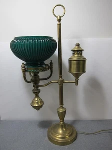 Antique Victorian Brass Student Lamp Green Ribbed Shade w/ Heart Detail - Picture 1 of 17