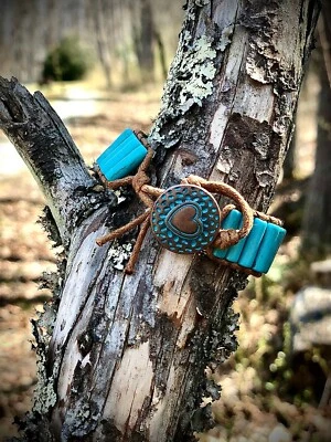 Pulsera boho hecha a mano, piedra natural y cuero, latón turquesa, curativa Foto 1 de 4