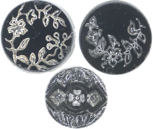 C1890 Victorian Black Glass Silver Luster Flower Button LOT Floral Fleur-de-lis - Picture 1 of 7