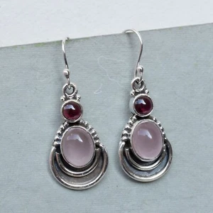 Natural Rose quartz & Garnet Earring 925 Sterling Silver Handmade Earring-NE09 - Picture 1 of 4