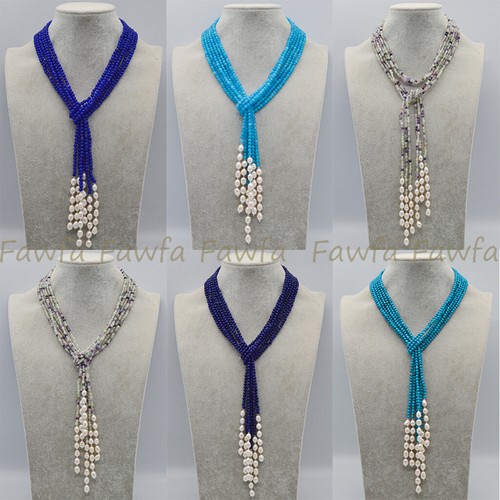 VETEMENTS Collana Perle Lariat 3 Fili 4mm Pietra Preziosa Bianca Naturale Bianca Acqua Dolce