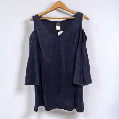 COCO BIANCO Women’s Size XL Velour Cold Shoulder V-Neck Top Blue - Image 1 of 4